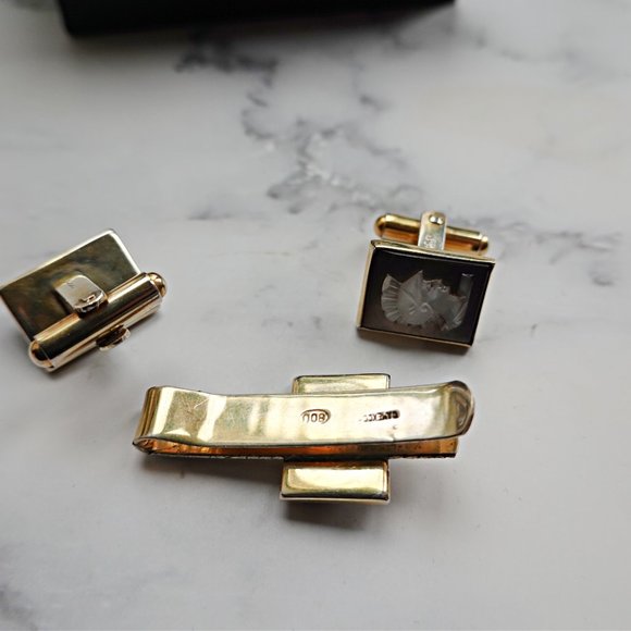 Gold Gilt Silver Italian Gladiator Cufflinks Tie Bar Set - Picture 2 of 2